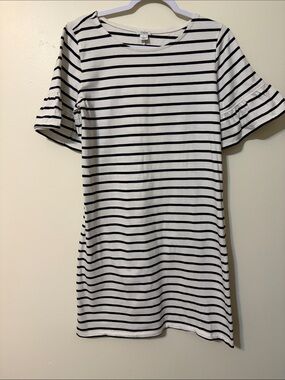J. Crew Factory White and Black Striped Ruffle Sleeve Tee Tunic Dress